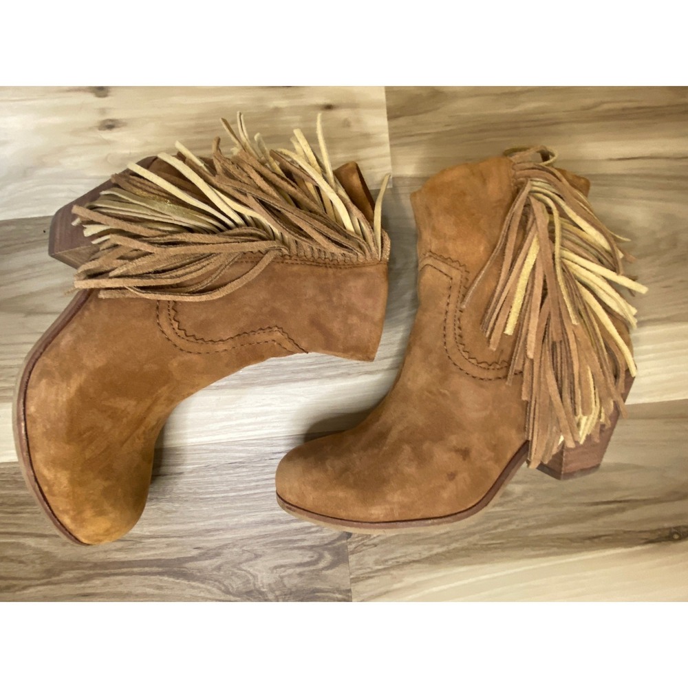 Sam Edelman Louie Tan Suede Fringe Ankle Boots Western Booties 7 Country Cowgirl